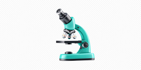 A vibrant turquoise microscope is set on a flat surface in a well-lit laboratory. Its detailed lenses and base highlight its educational purpose for scientific exploration.