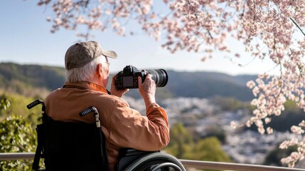 An old man in a wheelchair takes pictures of nature with a professional camera, spring time with cherry blossoms. Photographer with disability. Concept: inclusivity, hobby