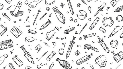 Hand-drawn science and education vector pattern with laboratory equipment, chemistry glassware, physics formulas, and medical symbols in line art sketch style – abstract scientific background for stem