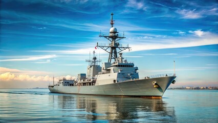 Fototapeta premium Navy destroyer or frigate with superstructure and masts on the water, watercraft designs, naval vessels at sea, destroyer models, frigate ships