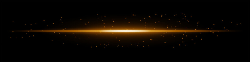 Glowing orange horizontal light beam with scattered particles on a dark background. Futuristic energy burst, laser effect, sci-fi illumination, and digital glow concept.