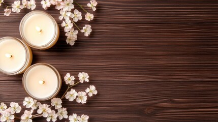 Softly glowing candles surrounded by pink flowers create a calming ambiance on a wooden surface, perfect for relaxation or decor