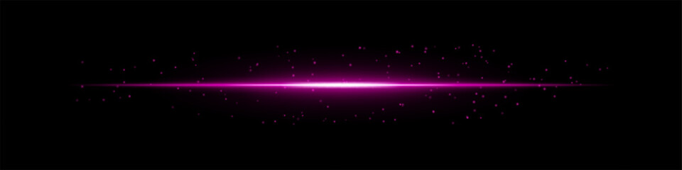 Fototapeta premium Glowing purple horizontal light beam with scattered particles on a dark background. Futuristic energy burst, laser effect, sci-fi illumination, and digital glow concept.