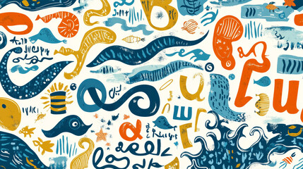 Letter and number font seamless pattern set of kid digit, capital characters, arabic alphabet calligraphy, gothic roman type and water word cloud