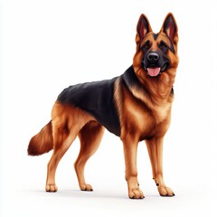 German Shepherd standing proudly with perked ears, placed on a bright white background