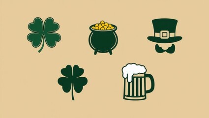 St Patrick s Day Icons Shamrocks Leprechaun Hat Beer Pot of Gold