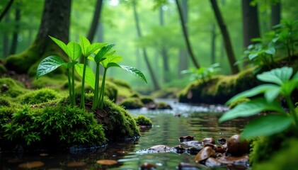 Fototapeta premium Northeast Asian ginseng growing in wet mountain forest environment, wild, foliage