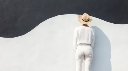 Contemporary Minimalist Urban Art Appreciation Caucasian Female in White Ensemble Engaging with Textured Street Wall - Art Tourism and Cultural Content Marketing