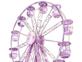 charming watercolor design of Ferris wheel with purple accents, showcasing its whimsical structure and empty passenger cabins. Perfect for art lovers and amusement park enthusiasts