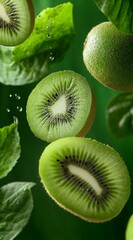Fototapeta premium Kiwi tagliato a fette, su sfondo verde brillante. Ripreso in primo piano per un' idea di freschezza, salute e natura.