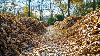Obraz premium A pathway lined with piles of autumn leaves, creating a serene outdoor scene.
