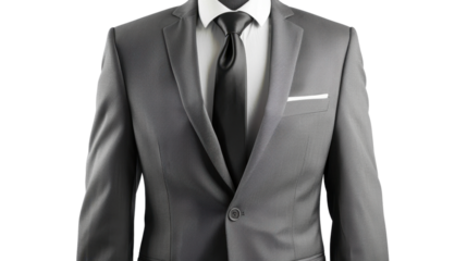 Grey suit and black tie on transparent background: formal business attire