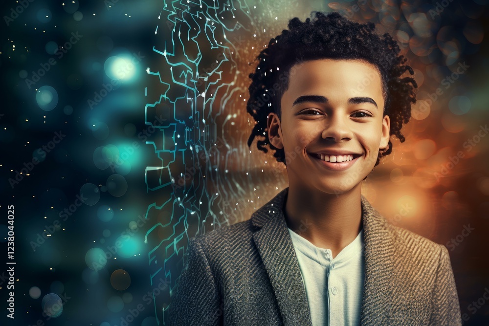 Poster portrait of a smiling young student with futuristic technological data visualization