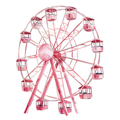 gentle watercolor illustration of Ferris wheel with pink hues, showcasing its charming design and inviting atmosphere. Perfect for evoking nostalgia and joy
