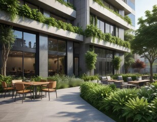 Fototapeta premium Office building with greenery and outdoor seating area, landscaping, city life, green space
