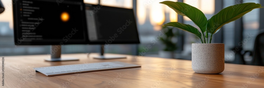 Poster Scandinavian Minimalist Workspace Sleek Multi-Screen Weather Monitoring on Oak Surface - Cutting-Edge Tech for Enhanced Business Forecasting and Digital Solutions