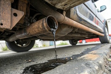 oil or black paint dripping from a rusty pipe under a car, toxic waste spill, industrial equipment failure, corrosion, industrial cleanup