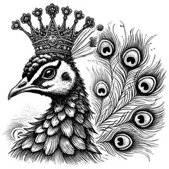 a fancy peacock with a crown, sketch engraving black and white © Bas SketchEngraving