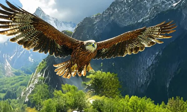 Majestic eagle soaring over a lush green valley with towering mountains in the background