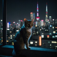 A stray cat, its fur subtly lit by Tokyo&rsquo;s neon, watching over the crowd from a high-rise apartment window.