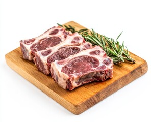 Three raw lamb chops on a wooden cutting board with rosemary sprigs.