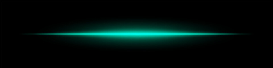 Glowing green horizontal light beam on a dark background. Futuristic laser effect, energy burst, neon illumination, and sci-fi digital glow concept.