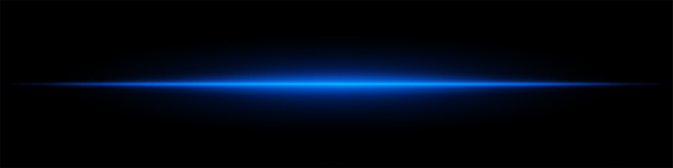 Glowing blue horizontal light beam on a dark background. Futuristic laser effect, energy burst, neon illumination, and sci-fi digital glow concept.