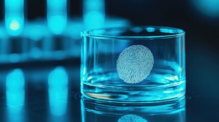 Evidence-based procedures of crime scene investigators concept. A glass displaying a fingerprint in blue light, symbolizing forensic science and identity verification.