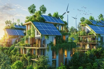 Obraz premium Sustainable eco-friendly buildings with solar panels and wind turbines in a green forest setting