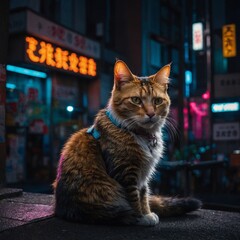 A street cat with patches of glowing fur, sitting confidently on a windowsill above Tokyo&rsquo;s neon-lit alleyways.