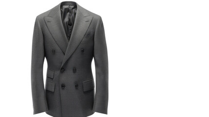 Elegant grey double-breasted suit jacket with transparent background