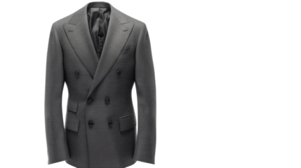 Elegant grey double-breasted suit jacket with transparent background