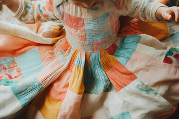 A child is wearing a colorful dress with a patchwork design