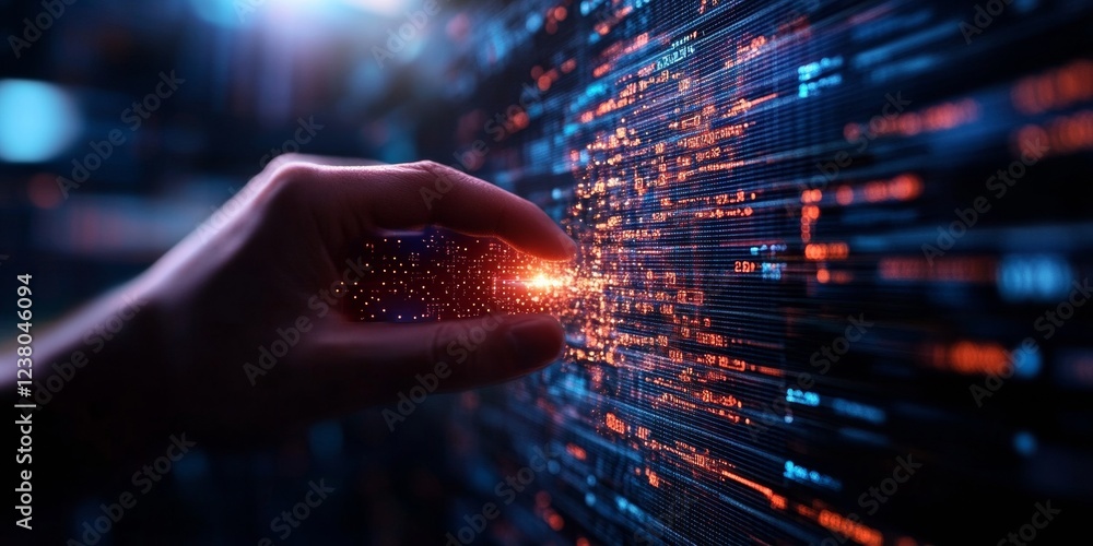 Poster Immersive Digital Interface Hand Interacting with Futuristic Data Hologram - Cutting-Edge Technology for Financial Analysis and Market Forecasting in Business Innovation