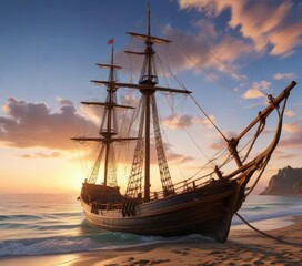 Old sailing boat with a wooden mast and ropes on the shore, sailing vessel, water