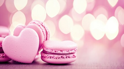 Obraz premium Delicious heart-shaped pink macarons romantic setting food photography soft background sweet treats concept