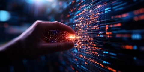 Immersive Digital Interface Hand Interacting with Futuristic Data Hologram - Cutting-Edge Technology for Financial Analysis and Market Forecasting in Business Innovation