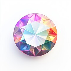 glowing diamond gemstone in pure white with rainbow reflections, cut in a round brilliant style, placed on a clean white background