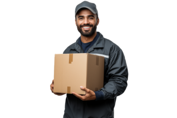 A Happy Deliveryman holding a cardboard box isolated on a transparent background, a happy express delivery professional person working courier package delivery shipping service worker  