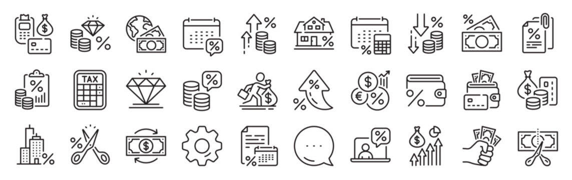 Tax line icons. Settings gear, Message, Inflation icons. Mortgage rate, Money credit and finance payroll set. Increase percent rate, return overpayment money, tax amount line icons. Vector