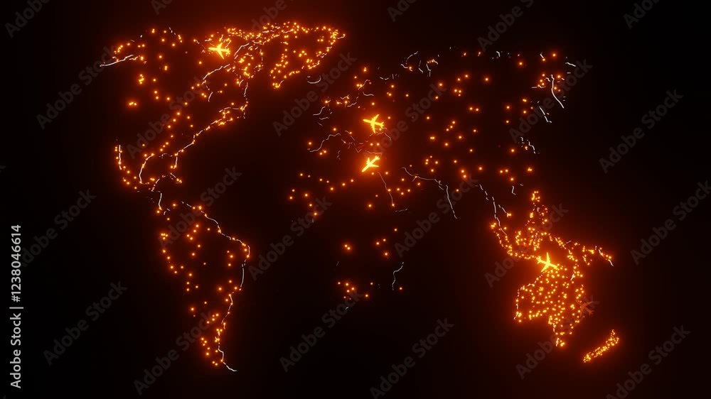 Poster flashing orange red lights map of planet earth with flashing airplanes flying over it concept 3d ren