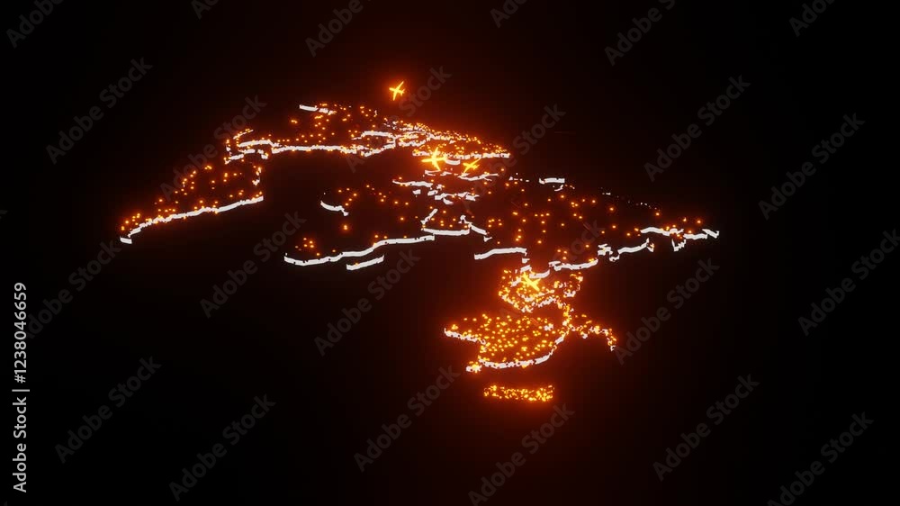 Poster flashing orange red lights map of planet earth with flashing airplanes flying over it concept 3d ren