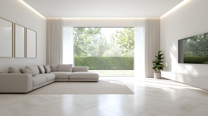 Modern living room, garden view, sunlight, minimalist design, home decor