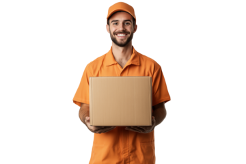 A Happy Deliveryman holding a cardboard box isolated on a transparent background, a happy express delivery professional person working courier package delivery shipping service worker  