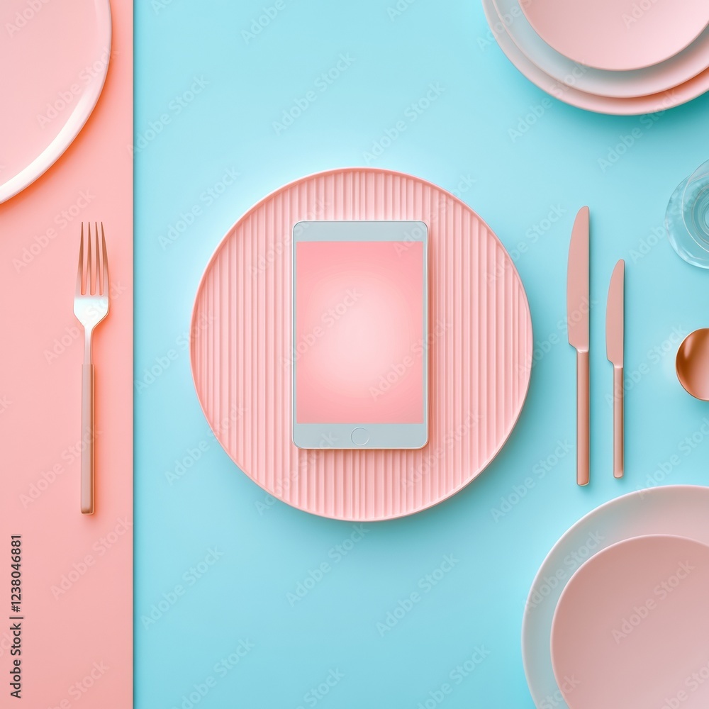 Poster minimalist smart dining sleek tableware with integrated tablet for lighting and music control in mod