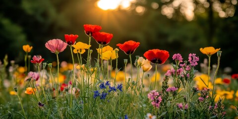 Wildflowers In Bloom, Illuminated By The Golden Light Of Dawn, Capturing Nature s Vibrant Palette.