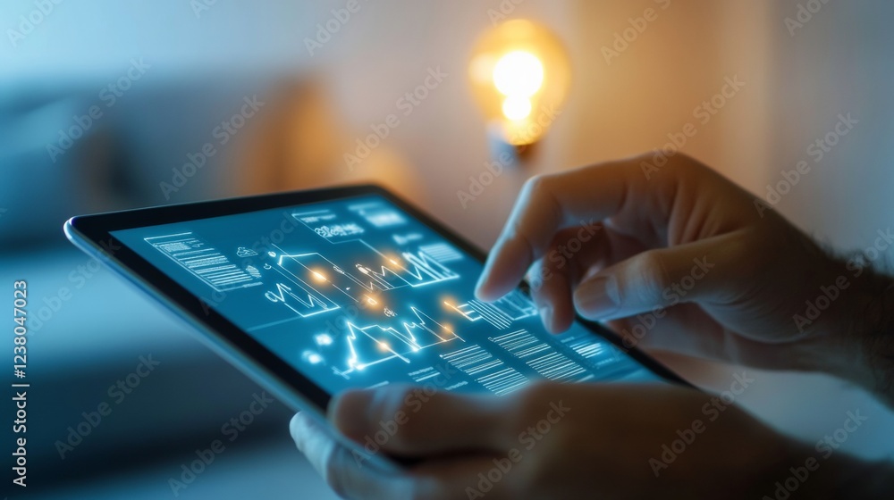 Aufkleber Modern Smart Home Interface Hands on a Sleek Tablet with Interactive Home Automation Dashboard - Enhancing Residential Tech Solutions and Energy-Efficient Living