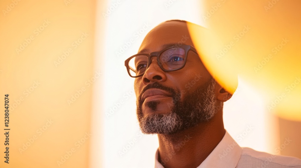 Poster dynamic smart home lighting middle-aged man commands modern lamp with verbal cues - tech innovation 