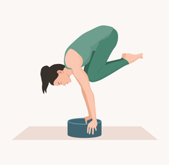 Vector illustration of young woman in green sportswear practicing Bakasana with yoga wheel. Young female doing crane pose. Exercise for good posture, body strength, flexibility and balance.