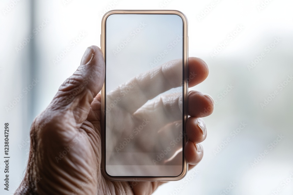 Leinwandbilder elegant tech engagement elderly hand with streamlined smartphone displaying video call interface in 